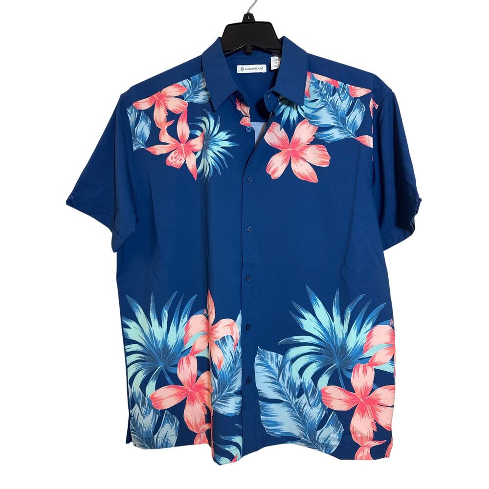 NWT Cubavera Large, Blue & Coral UPF 50 Sun Protection Hawaiian Button Up Shirt